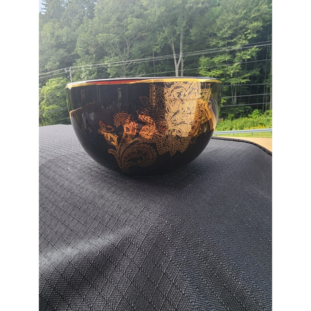Guilded Noel Holiday 08 Stoneware‎ Bowl Black With Golden Floral Design